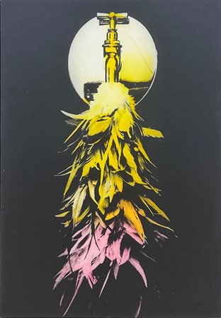 Fabrizio Plessi, Rubinetto con piume colorate, 1971