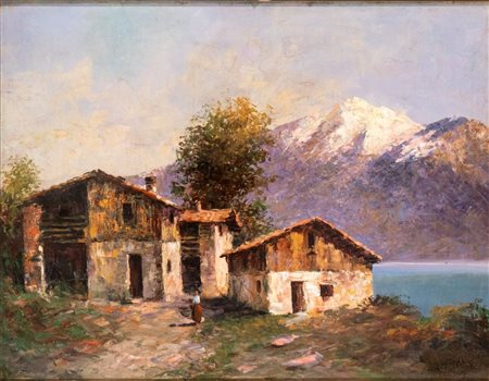 LEONARDO RODA (Racconigi 1868 - Torino 1933), Veduta di montagna con casale e lago