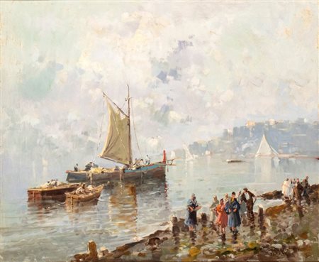 NICOLAS  DE CORSI (Odessa 1882 - Torre del Greco 1956), Marina con spiaggia e tre imbarcazioni, 1923