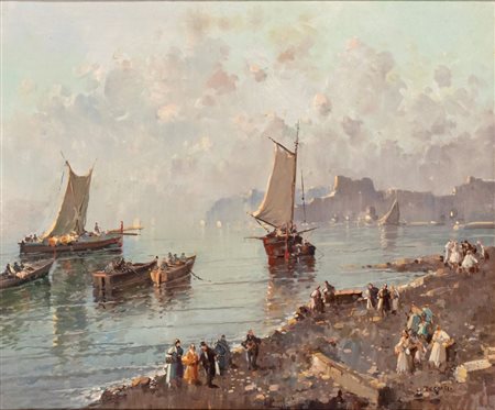 NICOLAS  DE CORSI (Odessa 1882 - Torre del Greco 1956), Marina con spiaggia, figure a passeggio e imbarcazioni