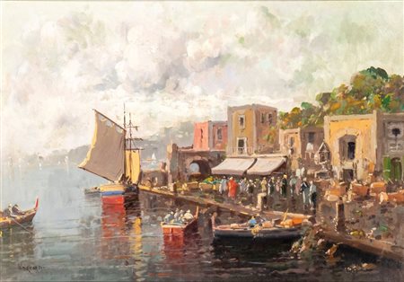 NICOLAS  DE CORSI (Odessa 1882 - Torre del Greco 1956), Marina con attracco, barche, piccolo arco e negozio