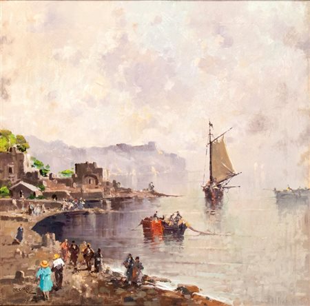 NICOLAS  DE CORSI (Odessa 1882 - Torre del Greco 1956), Marina con pescatori e barca a vela