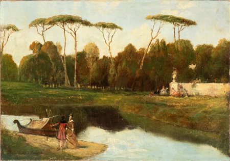 SCIPIONE VANNUTELLI (Genazzano 1834 - Roma 1894), Paesaggio con laghetto e figure, 