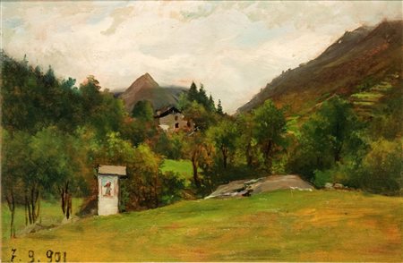 LORENZO DELLEANI (Pollone 1840 - Torino 1908), Paesaggio collinare con casa, 1901