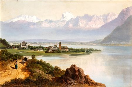 ALBERT AUGUST ZIMMERMANN (Zittau 1808 - Monaco di Baviera 1888), Scena lacustre con paesaggio montuoso