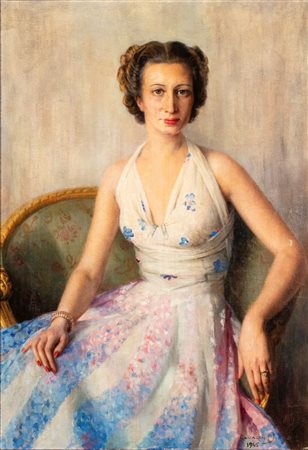 CAVALIN (Torino 1902 - Bordighera 1962), Ritratto femminile in abito elegante, 1945