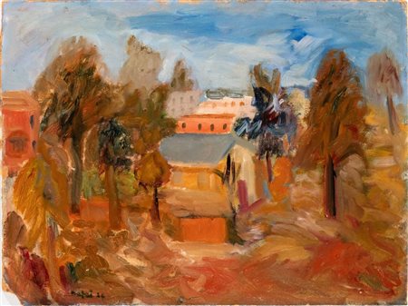 MARIO MAFAI (Roma 1902 - 1965), Paesaggio con case e alberi, 1926