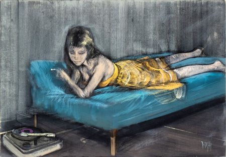 ALBERTO SUGHI (Cesena 1928 - Bologna 2012), Ragazza sdraiata con sigaretta e giradischi