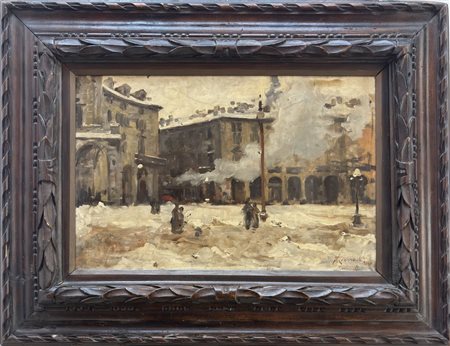 Giacomo Grosso, Cambiano (TO) 1860 - Torino 1938, Torino, Piazza Vittorio Emanuele sotto la neve