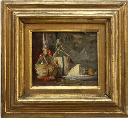 Attr. Armando Spadini, Firenze 1883 - Roma 1925, Natura morta con fiasco e formaggio
