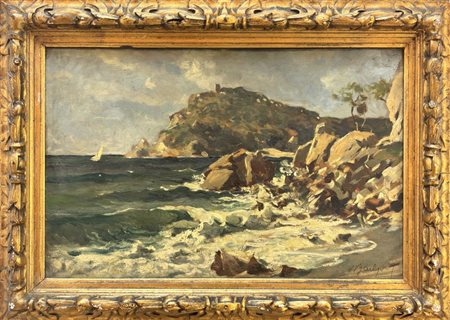 Firma indecifrata del XIX secolo, Mareggiata a Varigotti, Olio su tavola cm 38x58.5 firmato in basso a dx
