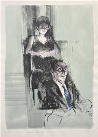 Alberto  Sughi (1928 - 2012) 
Figure al cinema 
litografia acquerellata a mano 70 x 50 cm