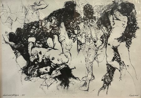 Renzo Vespignani (1924 - 2001) 
 Qualcuno festeggia 1961
incisione su carta 35 x 48 cm