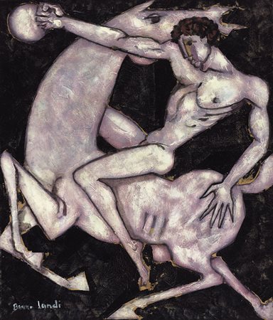 BRUNO LANDI Roma 23/03/1941 Cavallo e cavaliere, 1994 olio su tela cm. 60x51,...