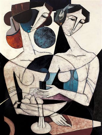 BRUNO LANDI Roma 23/03/1941 Amiche, 2007 olio su tela cm. 200x150, firma in...