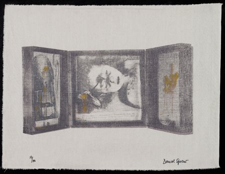 DANIEL SPOERRI Galati 1930 Senza titolo serigrafia su tela cm. 60x79,...