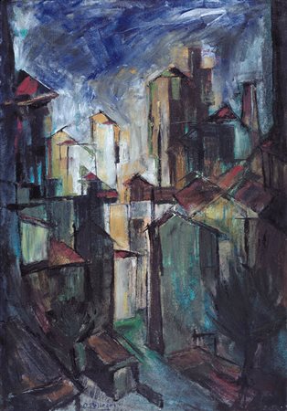 PELLEGRI ORESTE Città, 1960 olio su tela cm. 100x70, firma in basso a...