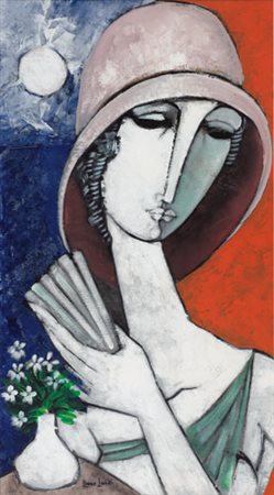 BRUNO LANDI Roma 23/03/1941 Il ventaglio, 2001 olio su tela cm. 90x50, firma...