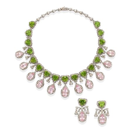 Importante demi-parure con morganiti e peridoti