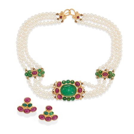 Demi-parure con perle e pietre di colore 