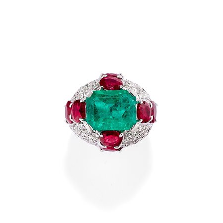 Anello con smeraldo Colombia, rubini e diamanti