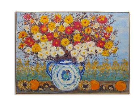 CASCELLA MICHELE (1892 - 1989) - VASO DI FIORI CON FRUTTA E CASTAGNE (1980-88).