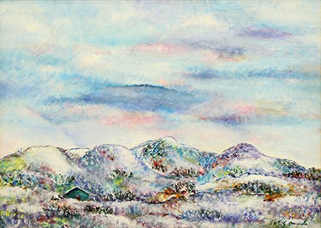 GIOVANNI OMICCIOLI, "Casa verde tra le colline nevose", 1973