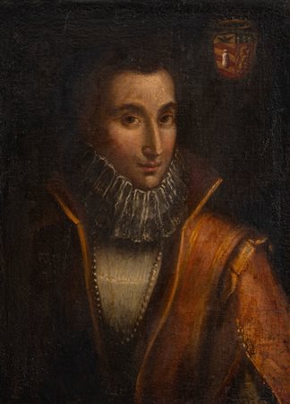Scuola dell'Italia centrale, secolo XVII - Ritratto di gentildonna a mezzo busto in abiti eleganti con gorgiera di pizzo e stemma nobiliare