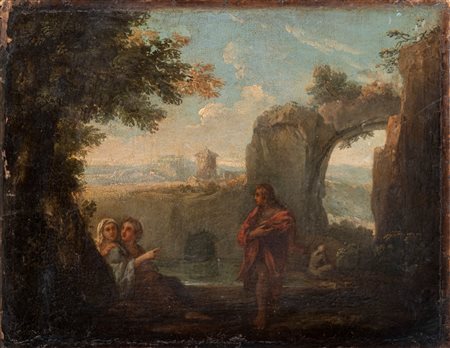 Andrea Locatelli (Roma 1695 - 1741)  - Paesaggio arcadico con arco roccioso e astanti in riposo