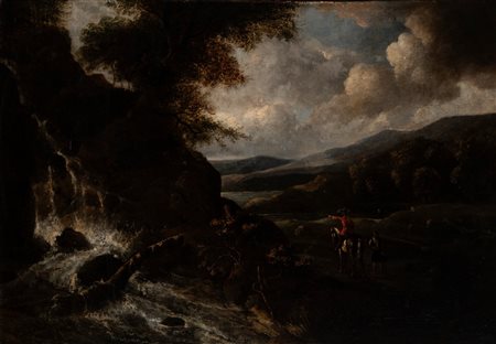 Ambito di Salvator Rosa (Napoli 1615 - Roma 1673) - Paesaggio fluviale con viandanti