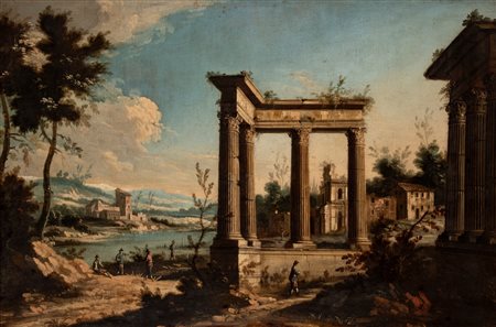 Ambito di Michele Marieschi - Paesaggio fluviale con rovine classiche e figure
