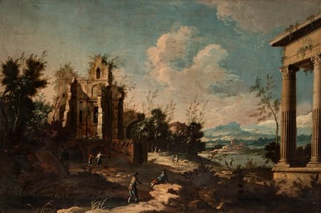 Ambito di Michele Marieschi - Paesaggio fluviale con rovine classiche e figure