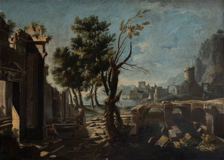 Scuola italiana, secolo XVIII - Paesaggio costiero con capriccio architettonico