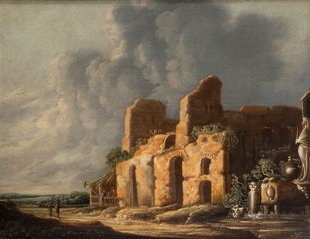 Charles Cornelisz. de Hooch (Harlem 1600 - Utrecht  1638)  - Paesaggio con rovine antiche e fontanile in primo piano