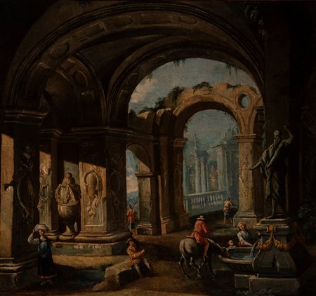 Scuola dell'Italia settentrionale, secolo XVIII - Capriccio architettonico con figure