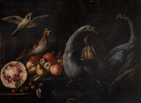 Scuola emiliana, secolo XVII - Anguria, ciliegie, pere e volatili