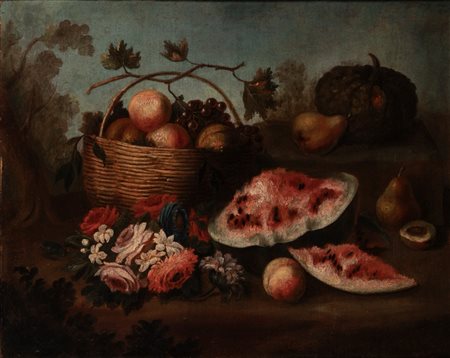 Scuola italiana, secolo XVIII - Natura morta con anguria, fiori e cesta di frutta en plein air