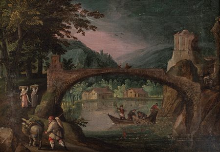 Scuola fiamminga, secolo XVII - Paesaggio fluviale con viandante in primo piano
