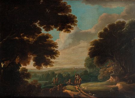 Scuola fiamminga, fine secolo XVII - inizi secolo XVIII - Paesaggio con cacciatori