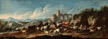Cajetan Roos (Roma 1690 - Vienna 1770)  - Paesaggio con pastori, armenti e rovine