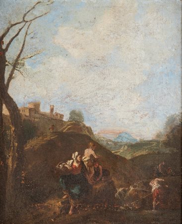 Scuola veneta, secolo XVIII - Paesaggio con famiglia di contadini presso un ruscello