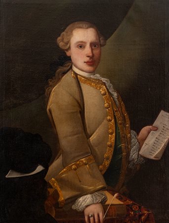 Scuola dell'Italia centrale, secolo XVIII - Ritratto di giovane gentiluomo a tre quarti di figura, con lettera in mano presso uno scrittoio
