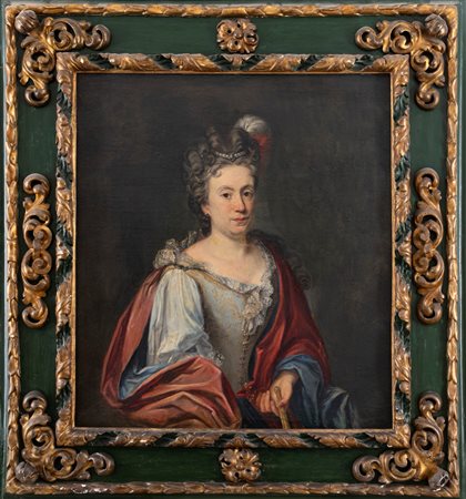 Scuola italiana, fine secolo XVII - inizi secolo XVIII - Rtitratto di gentildonna a mezzo busto, in abiti eleganti e con piume tra i capelli