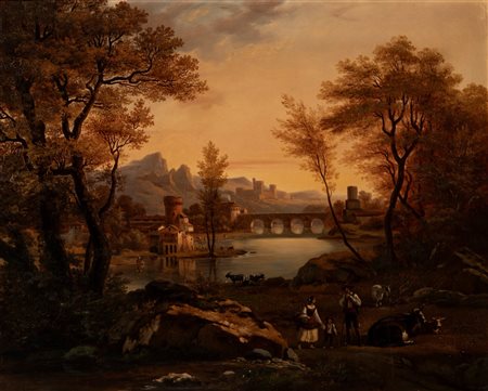 Joseph Pierre T.  Latour (1807 - 1865)  - Paesaggio fluviale con pastori e armenti