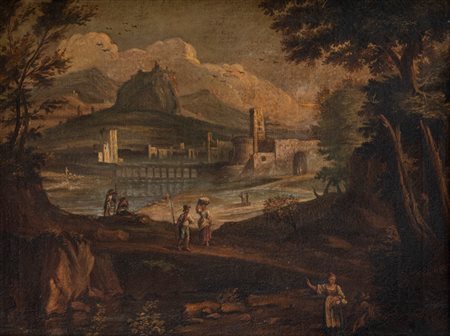 Scuola italiana, secolo XVII - Paesaggio fluviale con città e ponte in lontananza