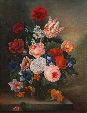 Seguace di Abraham Mignon - Rose, tulipani ed altri fiori in un vaso di vetro su un tavolo
