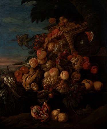 Scuola italiana, secolo XVII - Natura morta con uva, melograno, mele, limoni e cipollotti en plein air