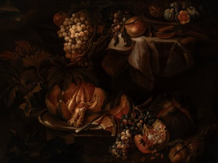 Scuola italiana, secolo XVIII - Natura morta con zucca, uva e melograno