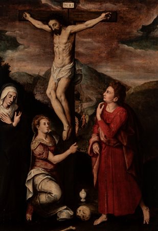 Scuola di Anversa, secolo XVI - Crocifissione con Santi
