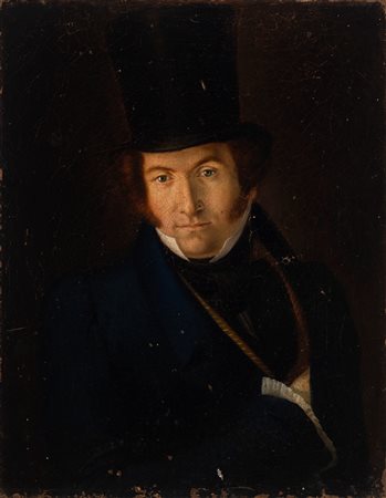 Scuola italiana, secolo XIX - Ritratto di gentiluomo a mezzobusto con cappello